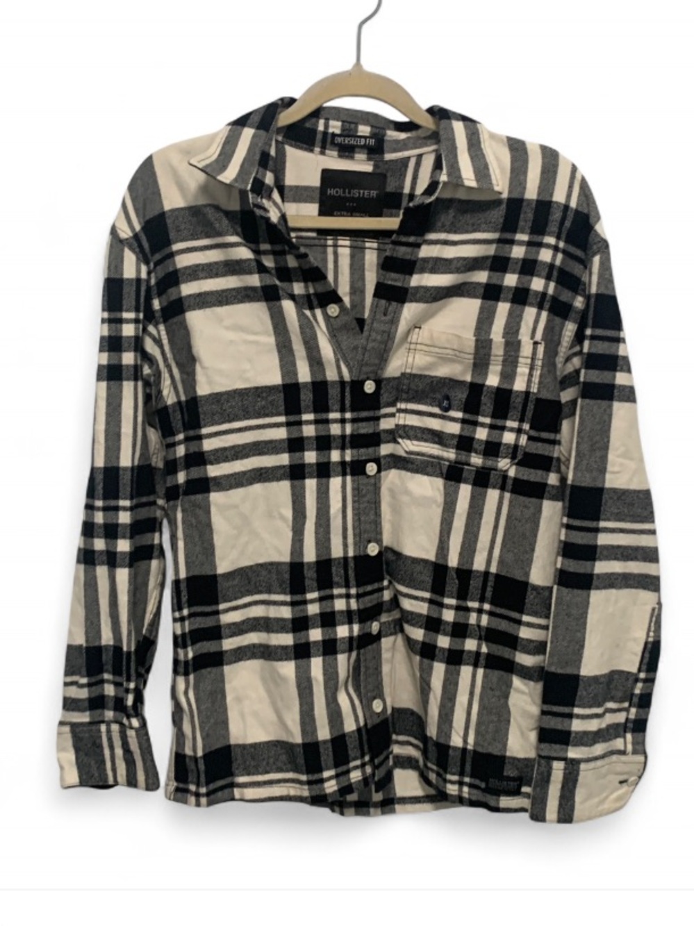 Hollister Oversized Fit Black and Cream Plaid Long Sleeve Button-Down Shirt